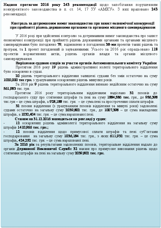 Подпись: Надано протягом 2016 року 243 рекомендації щодо запобігання порушенням конкурентного законодавства в п. ст. 14, 17 ЗУ «АМКУ». З них враховано 243 рекомендації. 

Контроль за дотриманням вимог законодавства про захист економічної конкуренції при прийнятті рішень державними органами та органами місцевого самоврядування

	У 2016 році при здійсненні контролю за дотриманням вимог законодавства про захист економічної конкуренції при прийнятті рішень державними органами та органами місцевого самоврядування було погоджено 79,  відмовлено в погодженні 38-ми проектів таких рішень та програм, та 1 проект погоджений із зауваженнями. Усього за 2016 рік опрацьовано 118 проектів нормативних актів, рішень органів влади та органів місцевого  самоврядування.
	Вирішення судових спорів за участю органів Антимонопольного комітету України 
	Протягом 2016 року 19 рішень адміністративної колегії територіального відділення було оскаржено в судах. 
	20 рішень територіального відділення залишені судами без змін остаточно на суму 1020,000 тис грн. з урахуванням оскаржених рішень минулих років. 
	За 2016 рік 9 рішень територіального відділення визнано недійсним остаточно на суму 561,983 тис. грн.
Протягом 2016 року територіальним відділенням надіслано 32 позовів до господарського суду про стягнення штрафів та пені на суму 1884,586 тис. грн., де 956,398 тис.грн – це сума штрафів, а 928,188 тис. грн.  – це сума пені за прострочення сплати штрафів.
 32 позови відділення (з урахуванням позовів відділення за минулі роки) задоволені судами остаточно на загальну суму 2039,802 тис. грн., де 1007,398 – це сума накладених штрафів, а 1032,404 тис. грн. – це сума нарахованої пені.
Станом на 31.12.2016 знаходяться на розгляді у судах:
-	12 оскаржених рішень адмінколегії територіального відділення на загальну суму  штрафів 1410,966 тис. грн.;
-	12 позовів відділення щодо примусової сплати штрафів та пені суб’єктами господарювання  на загальну суму 1036,184 тис. грн., з яких 611,932 тис. грн. – це сума штрафів, 424,252 тис. грн. – це сума нарахованої пені.
За 2016 рік за результатами задоволених позовів, територіальне відділення надало до органів Державної Виконавчої Служби 32 накази про примусове виконання рішень щодо стягнення штрафів на пені на загальну суму 2039,802 тис. грн. 

